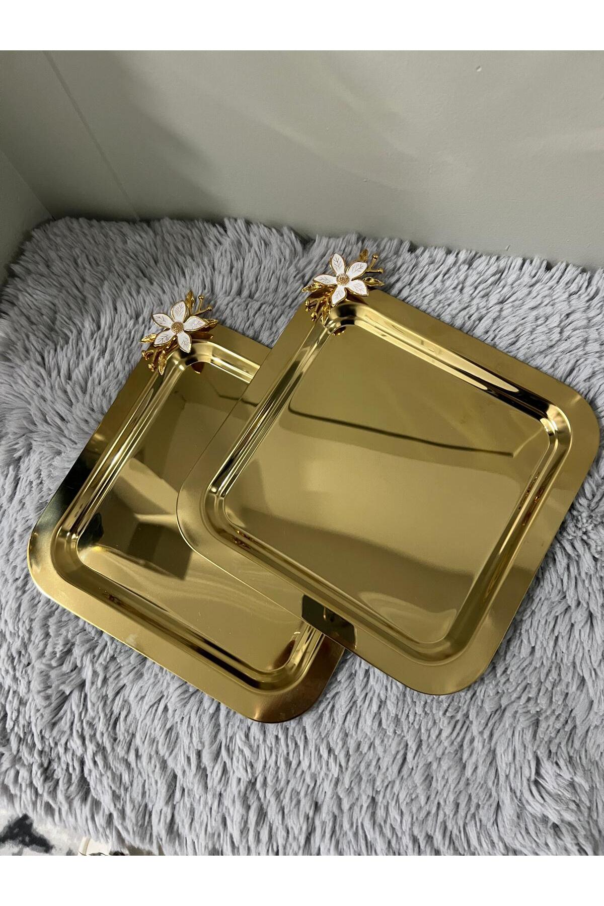 2'Li Paslanmaz Çelik Mini Papatya Aksesuarlı Kahve Sunum & Servis & İkramlık Tepsisi