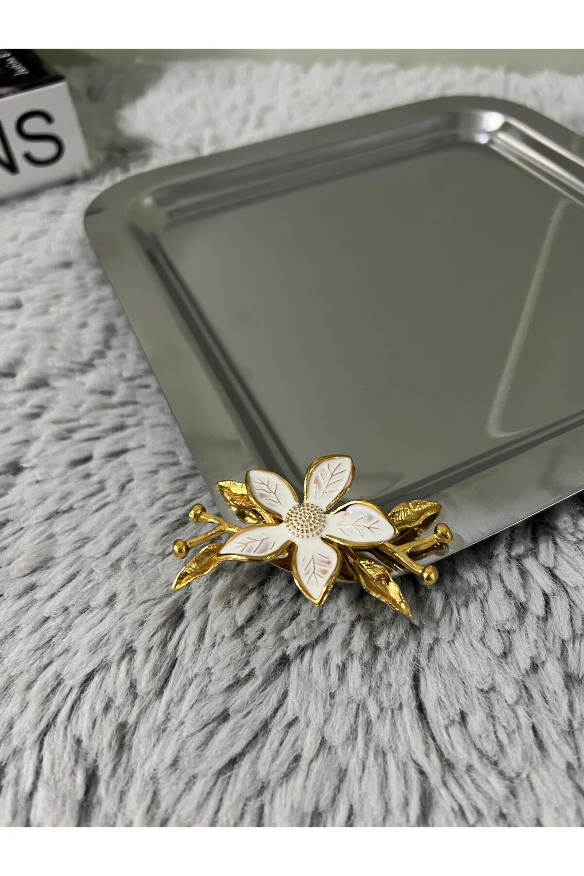 Paslanmaz Çelik Mini Papatya Aksesuarlı Kahve Sunum & Servis & İkramlık Tepsisi