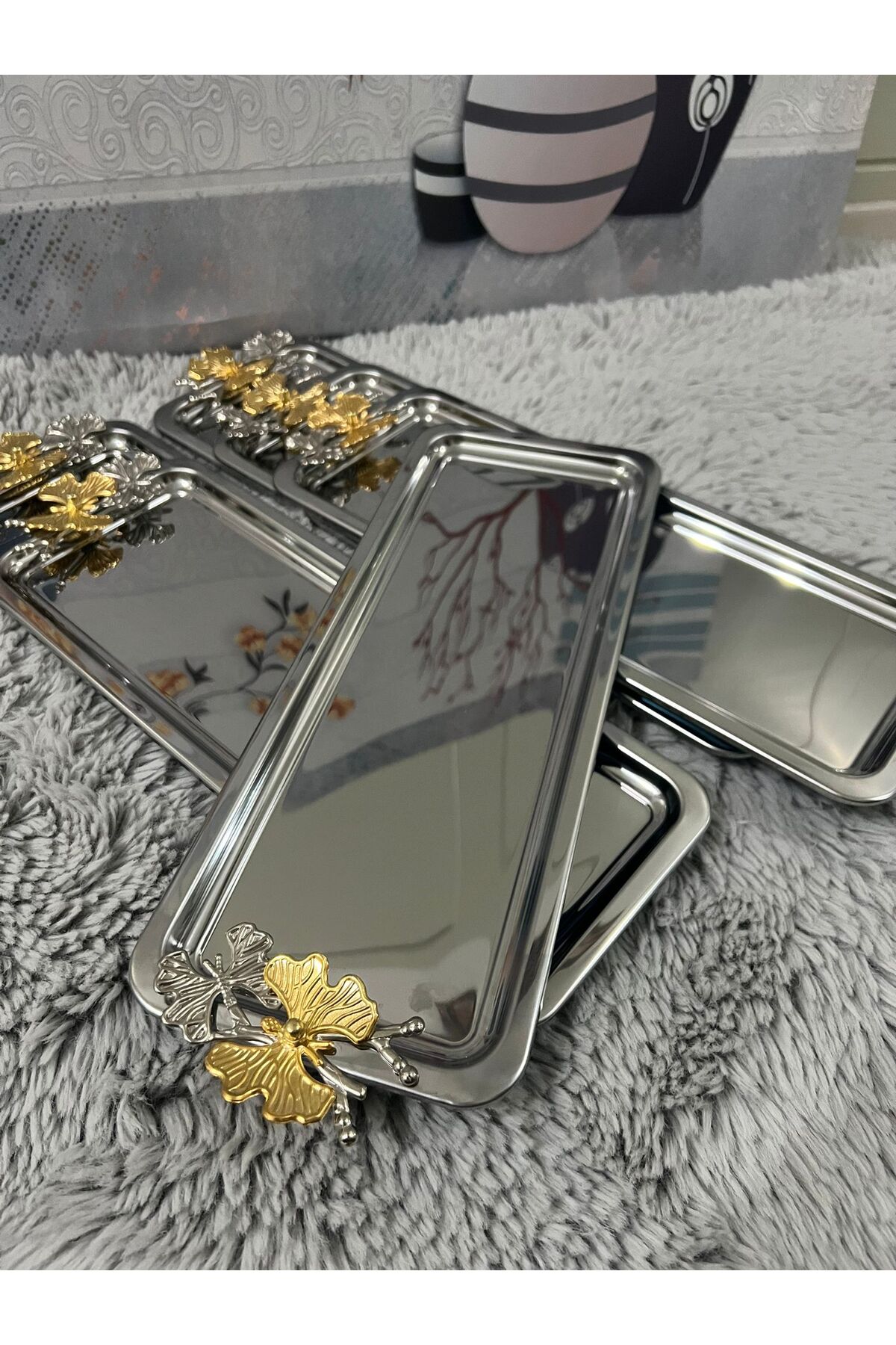 6'Lı Lüx Paslanmaz Çelik Kelebekli Gold Kaplama Baton Servis ,Çay ,Kahve ,İkramlık Ve Sunum Tepsisi