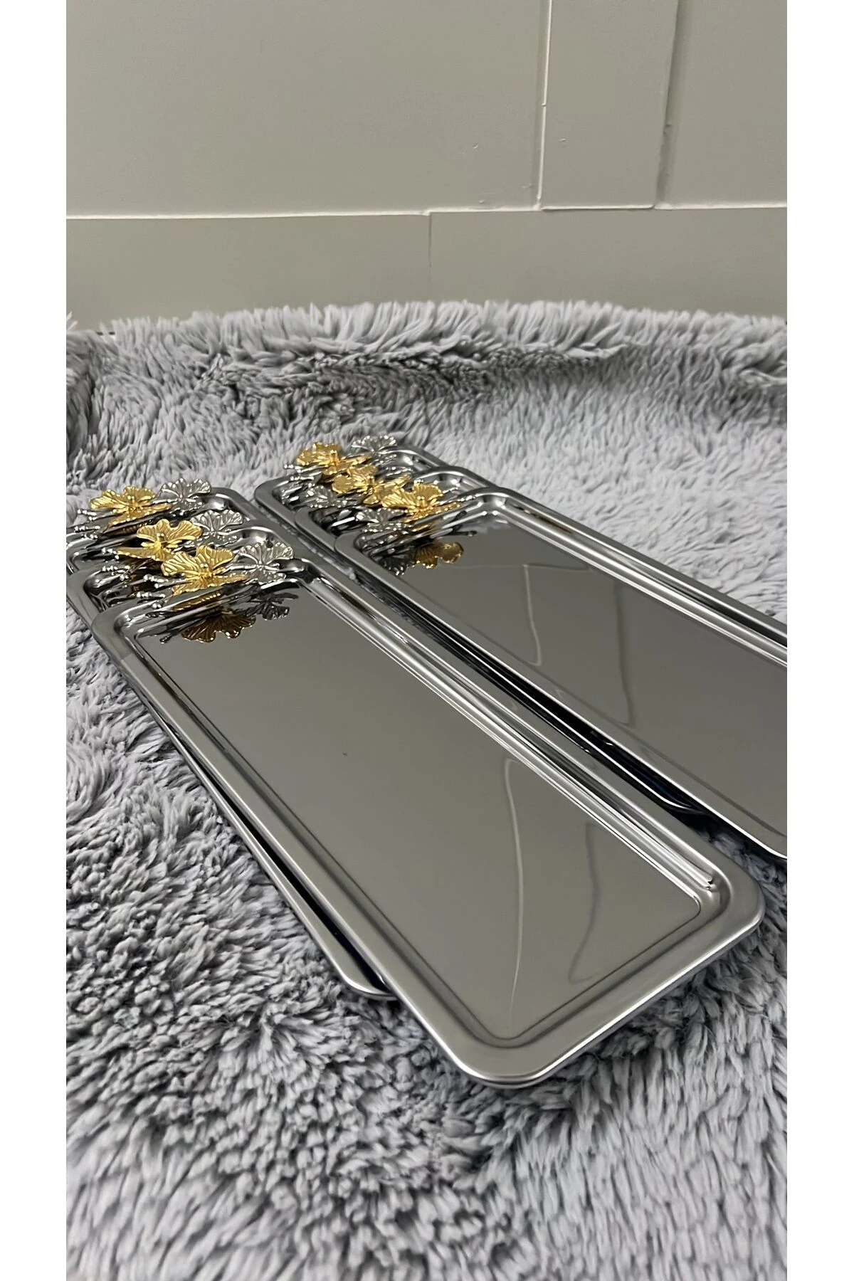 6'Lı Lüx Paslanmaz Çelik Kelebekli Gold Kaplama Baton Servis ,Çay ,Kahve ,İkramlık Ve Sunum Tepsisi