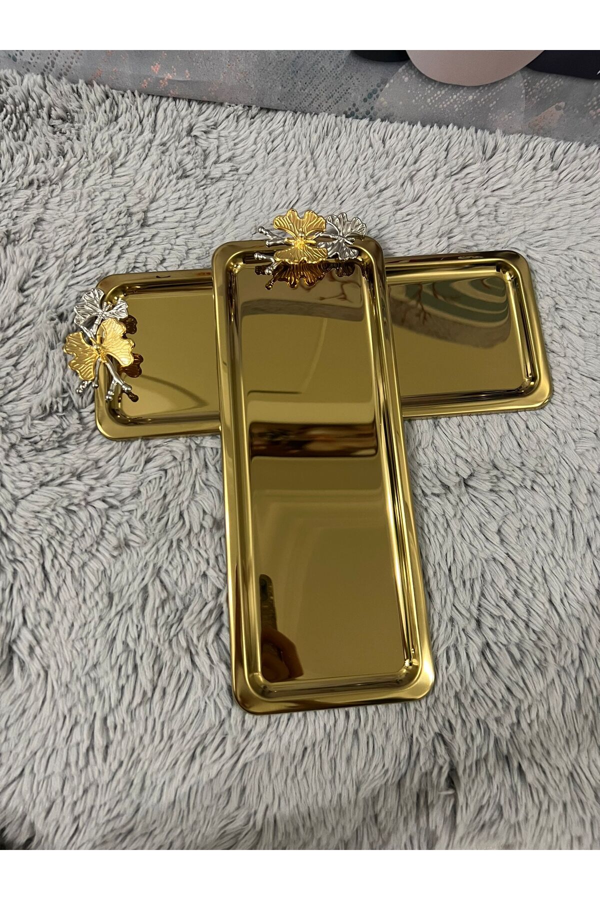 2'Li Lüx Paslanmaz Çelik Kelebekli Gold Kaplama Baton Servis ,Çay ,Kahve ,İkramlık Ve Sunum Tepsisi