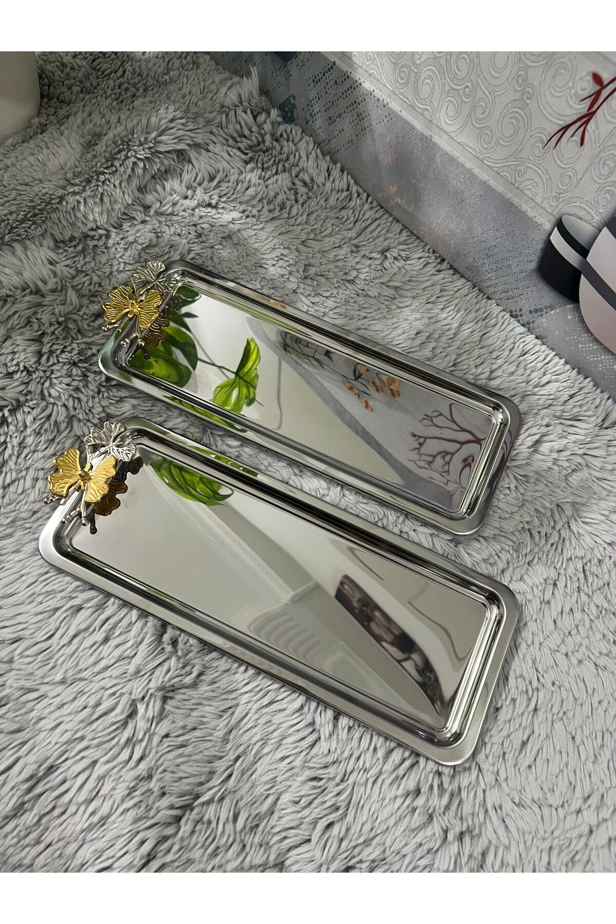 2'Li Lüx Paslanmaz Çelik Kelebekli Gold Kaplama Baton Servis ,Çay ,Kahve ,İkramlık Ve Sunum Tepsisi