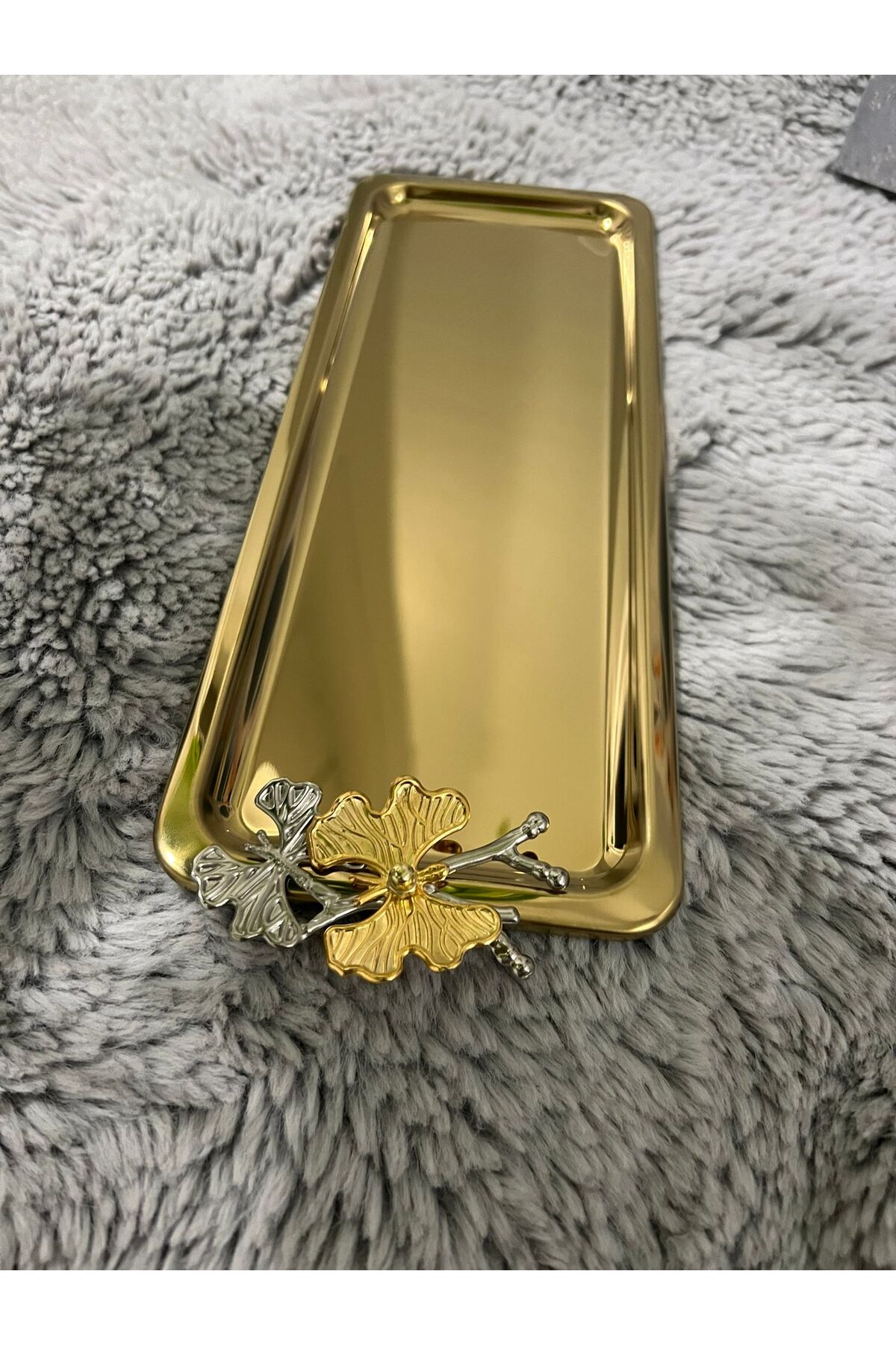 Paslanmaz Çelik Kelebekli Gold Kaplama Baton Servis ,Çay ,Kahve ,İkramlık Ve Sunum Tepsisi