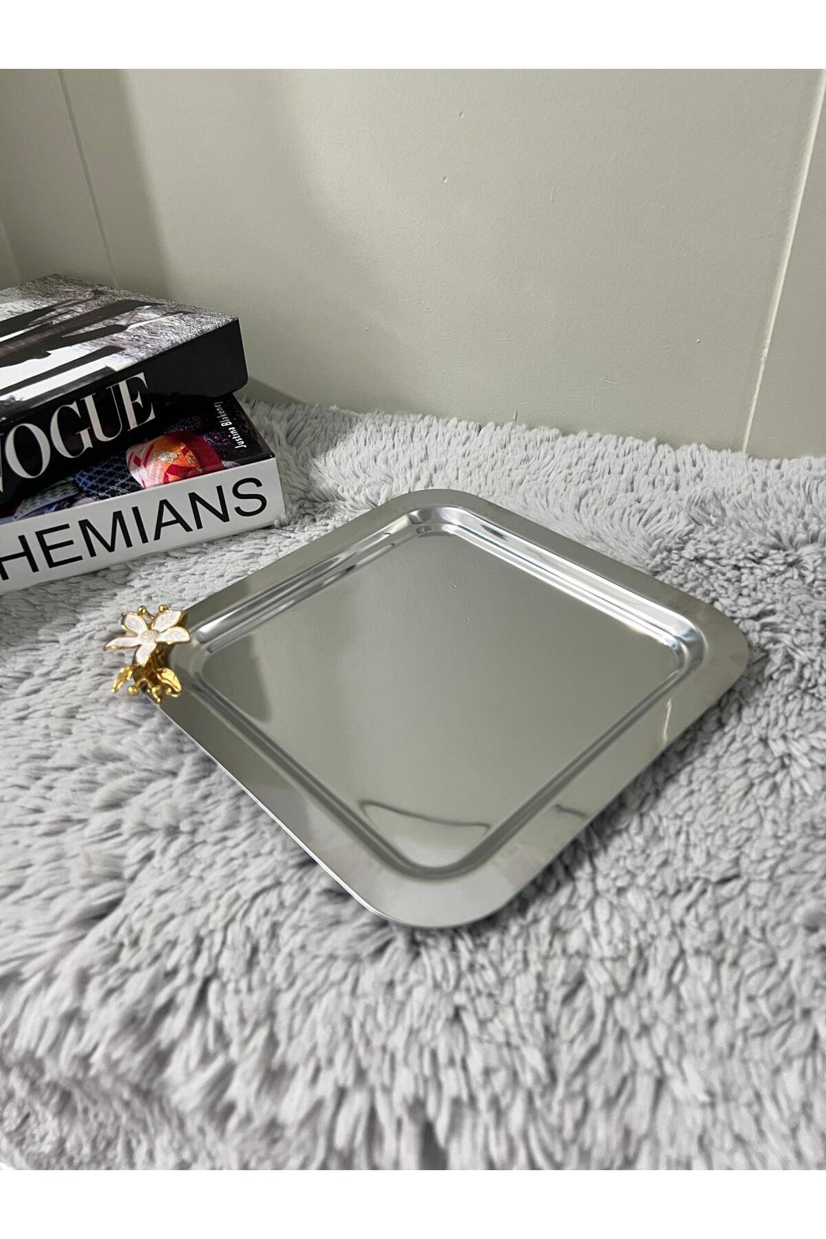 Paslanmaz Çelik Mini Papatya Aksesuarlı Kahve Sunum & Servis & İkramlık Tepsisi