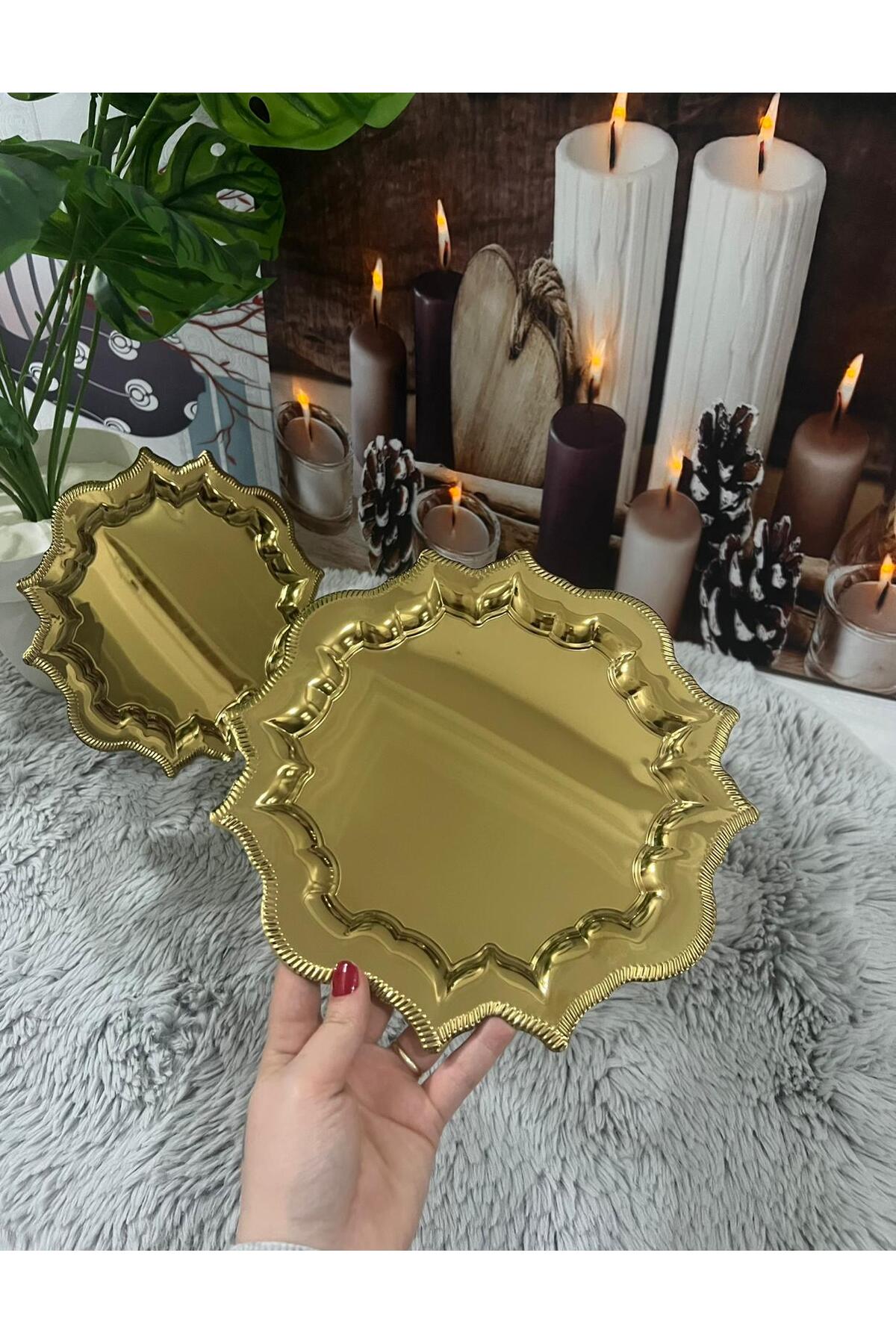 2'Li Köşeleri Dalgalı Gold Paslanmaz Çelik Kahve Sunum Tepsisi