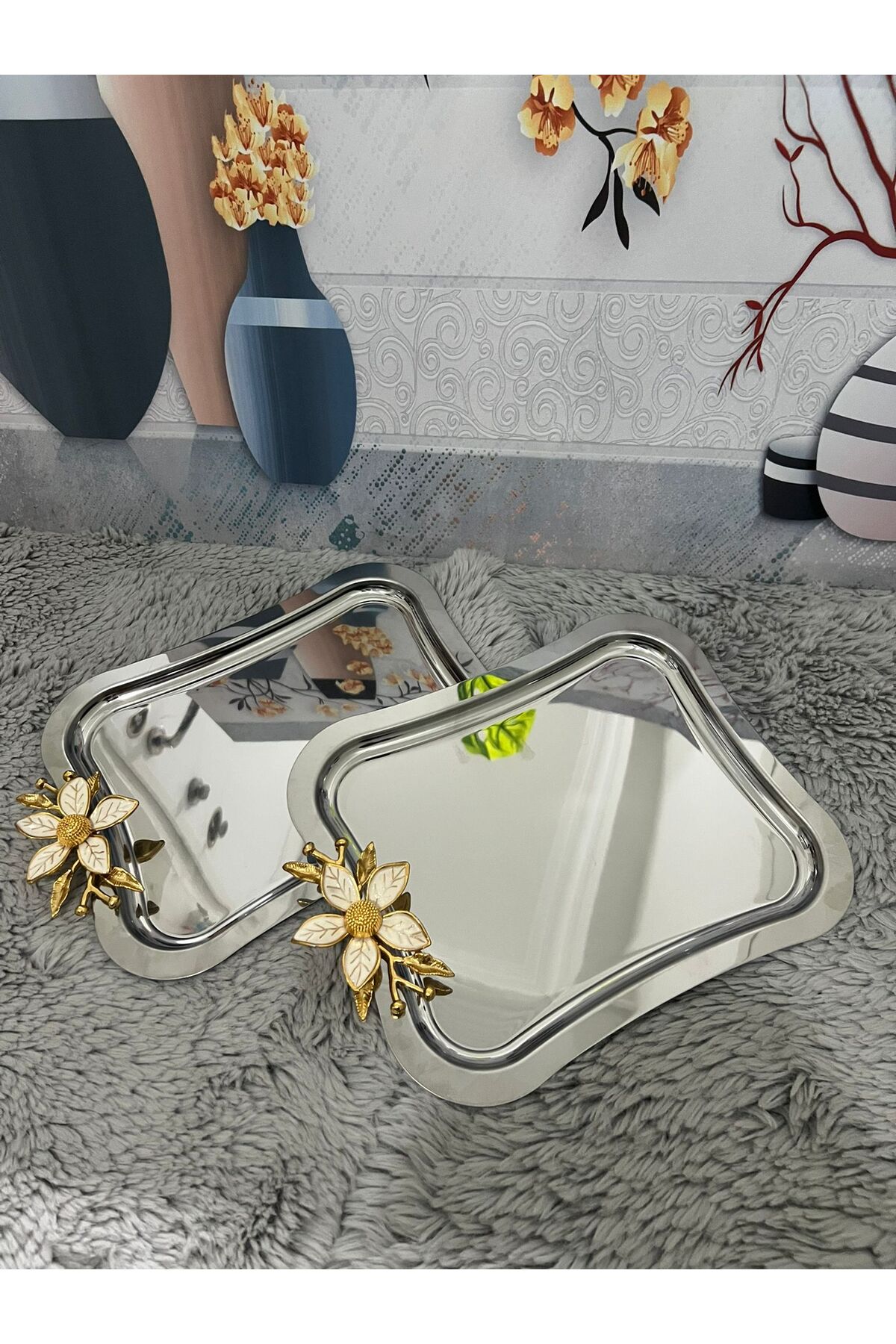 2'Li Paslanmaz Çelik Papatya Aksesuarlı İtalyan Büyük Dalgalı Servis Tepsisi