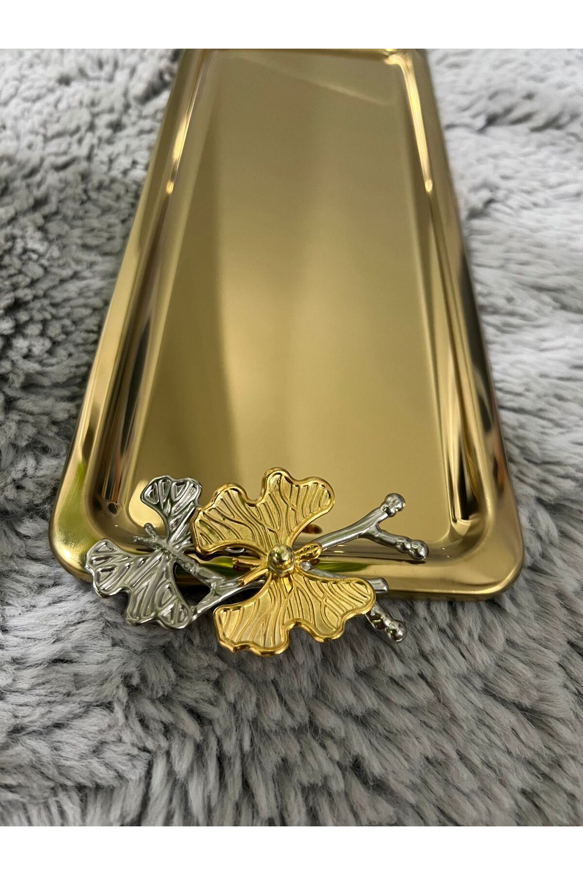 Paslanmaz Çelik Kelebekli Gold Kaplama Baton Servis ,Çay ,Kahve ,İkramlık Ve Sunum Tepsisi