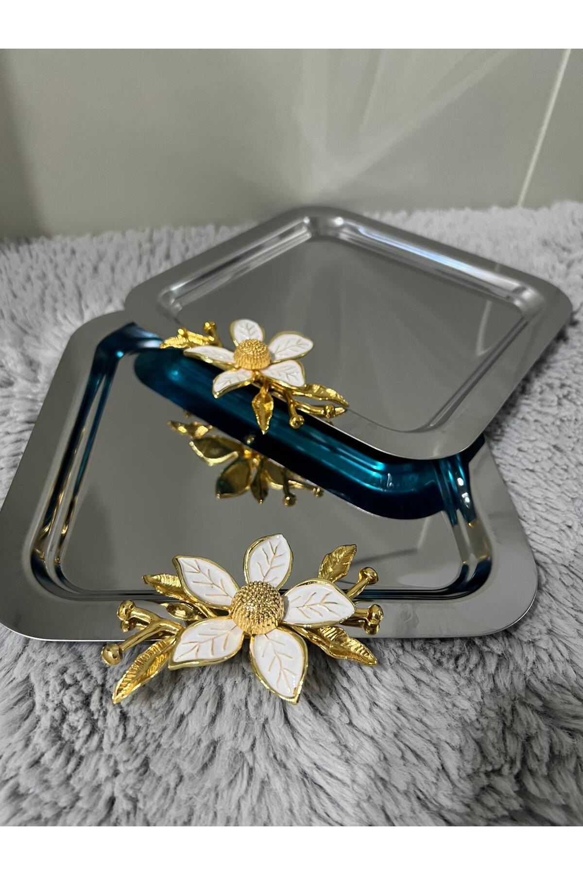 2'Li Paslanmaz Çelik Papatya Aksesuarlı Kahve Sunum & Servis & İkramlık Tepsisi