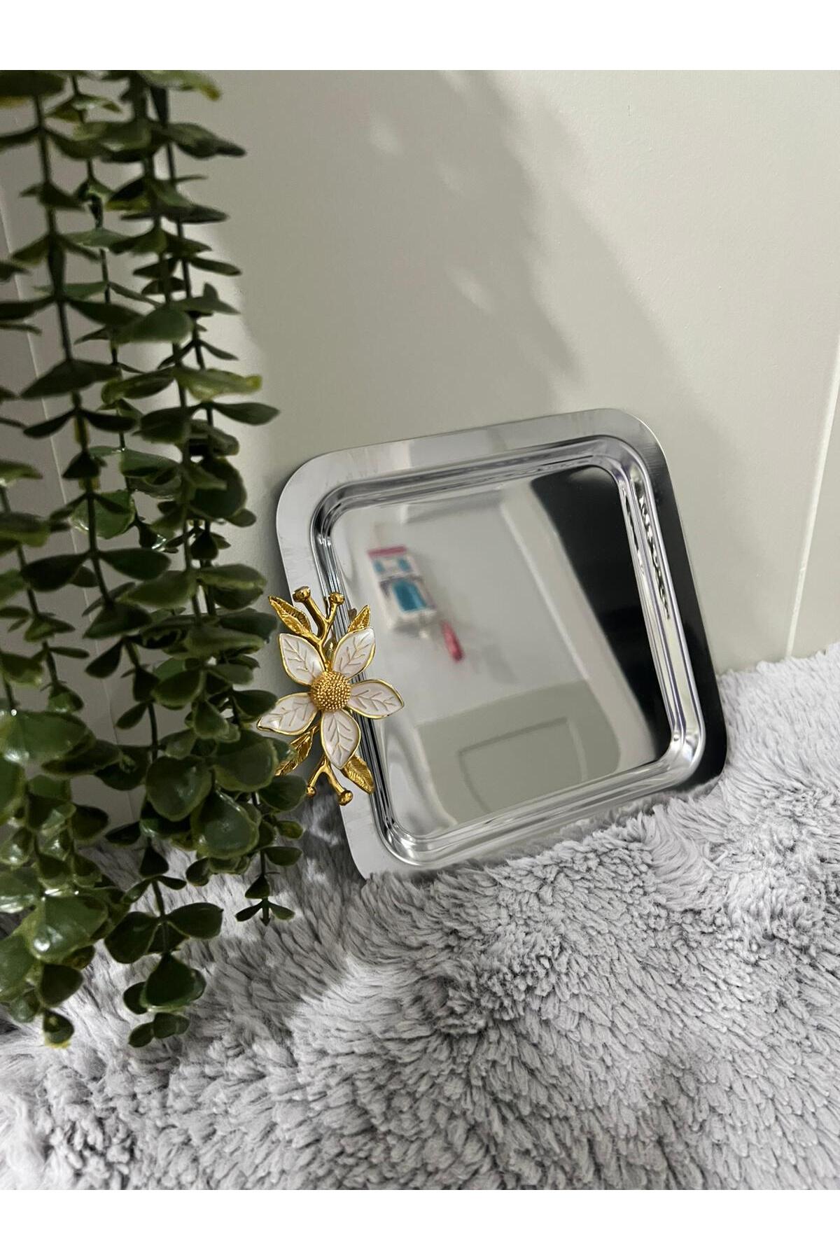 Paslanmaz Çelik Papatya Aksesuarlı Kahve Sunum & Servis & İkramlık Tepsisi