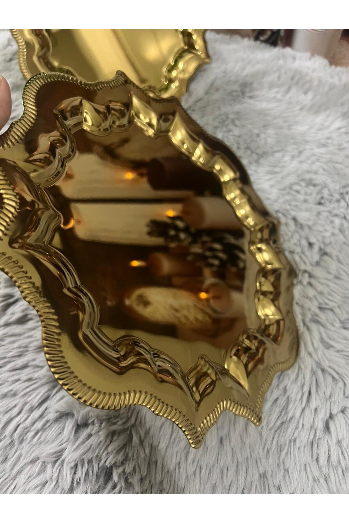 2'Li Köşeleri Dalgalı Gold Paslanmaz Çelik Kahve Sunum Tepsisi