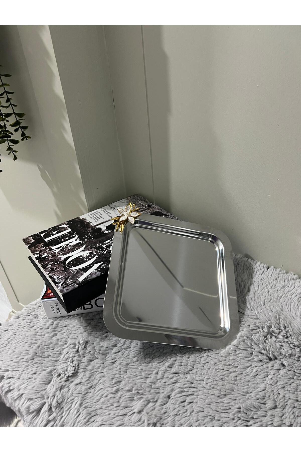 Paslanmaz Çelik Mini Papatya Aksesuarlı Kahve Sunum & Servis & İkramlık Tepsisi