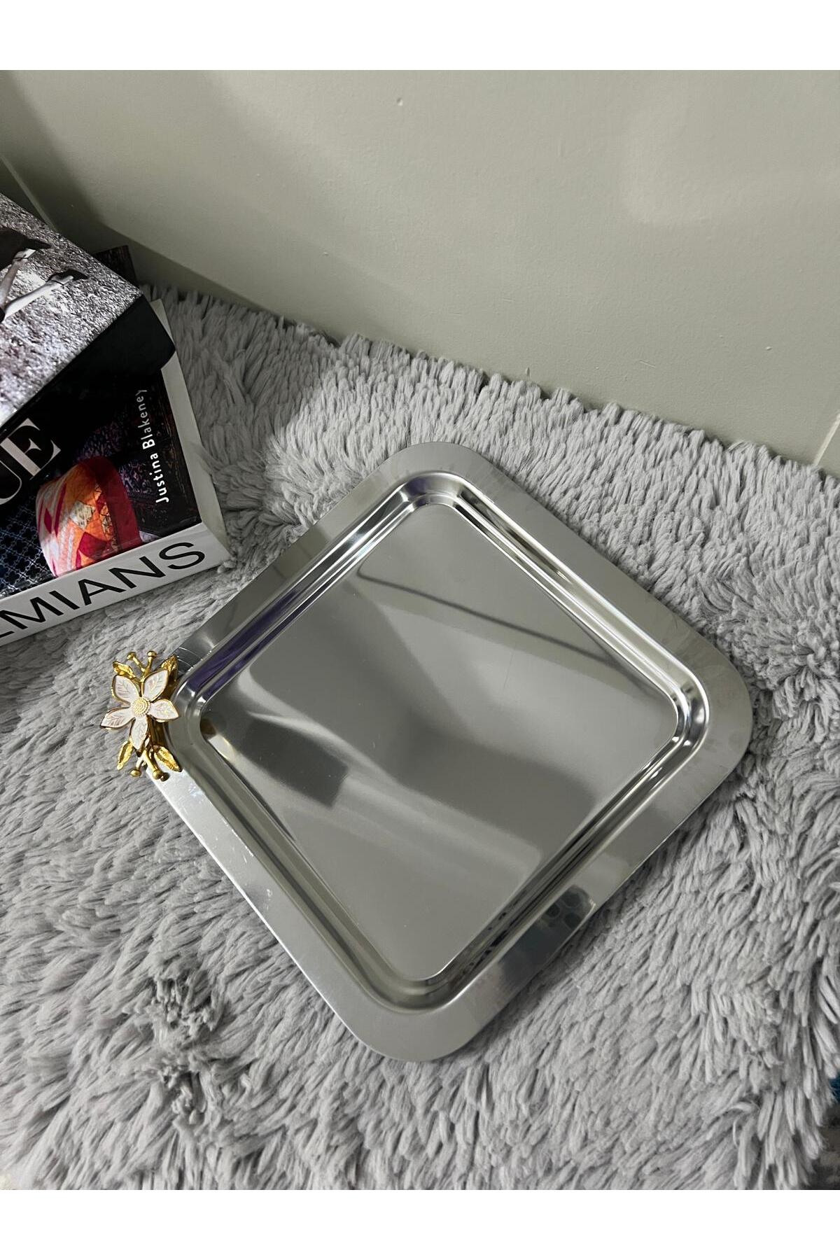 Paslanmaz Çelik Mini Papatya Aksesuarlı Kahve Sunum & Servis & İkramlık Tepsisi