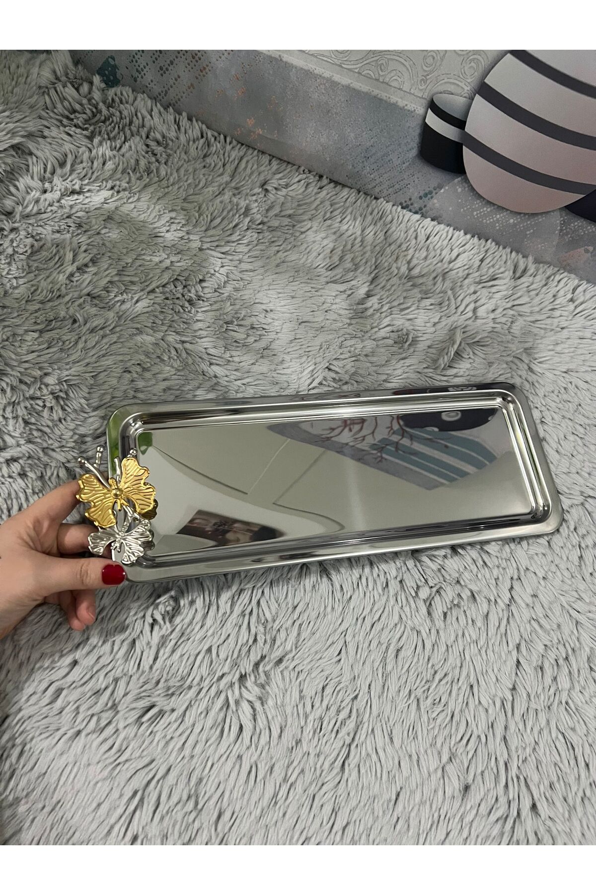 2'Li Lüx Paslanmaz Çelik Kelebekli Gold Kaplama Baton Servis ,Çay ,Kahve ,İkramlık Ve Sunum Tepsisi