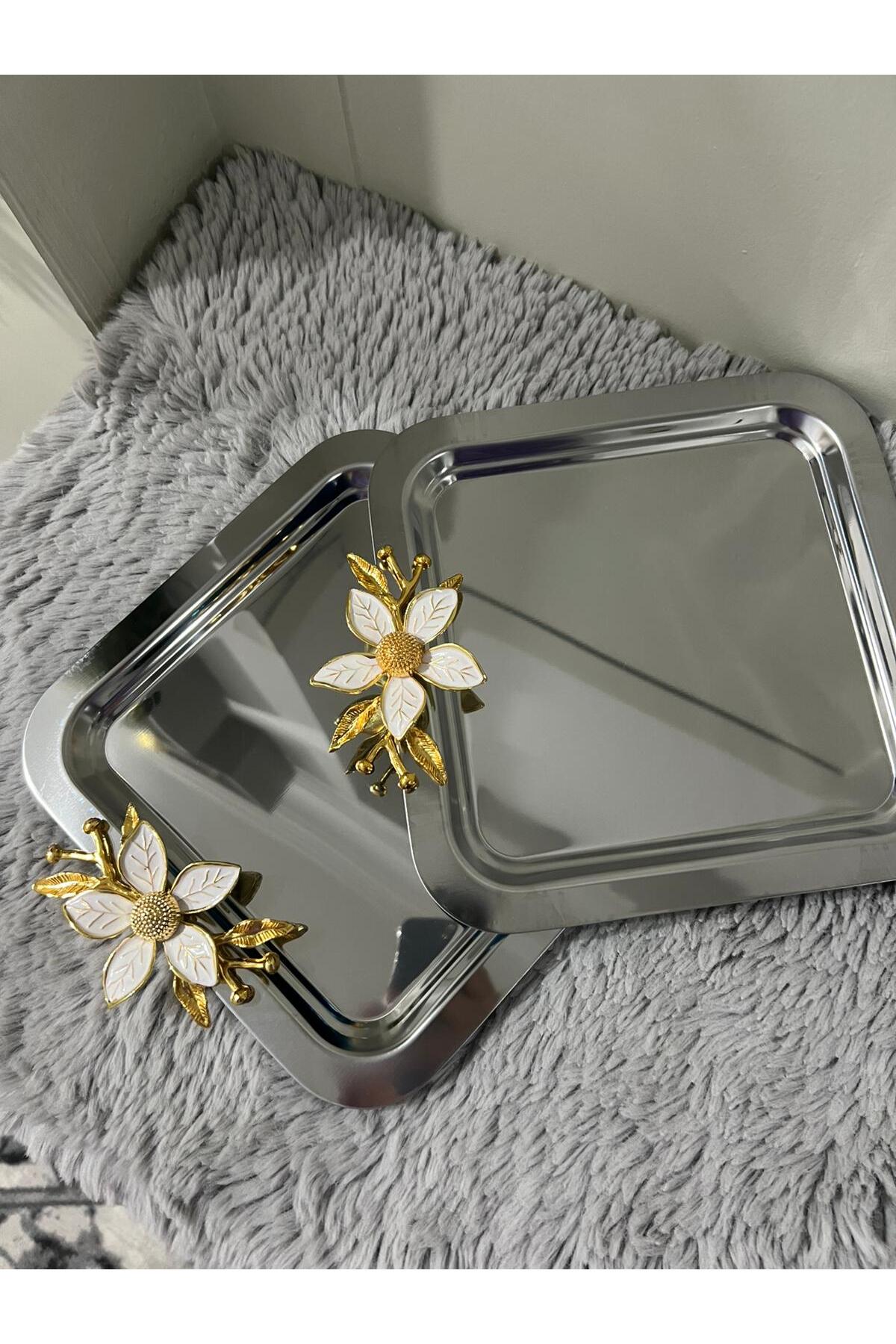 2'Li Paslanmaz Çelik Papatya Aksesuarlı Kahve Sunum & Servis & İkramlık Tepsisi