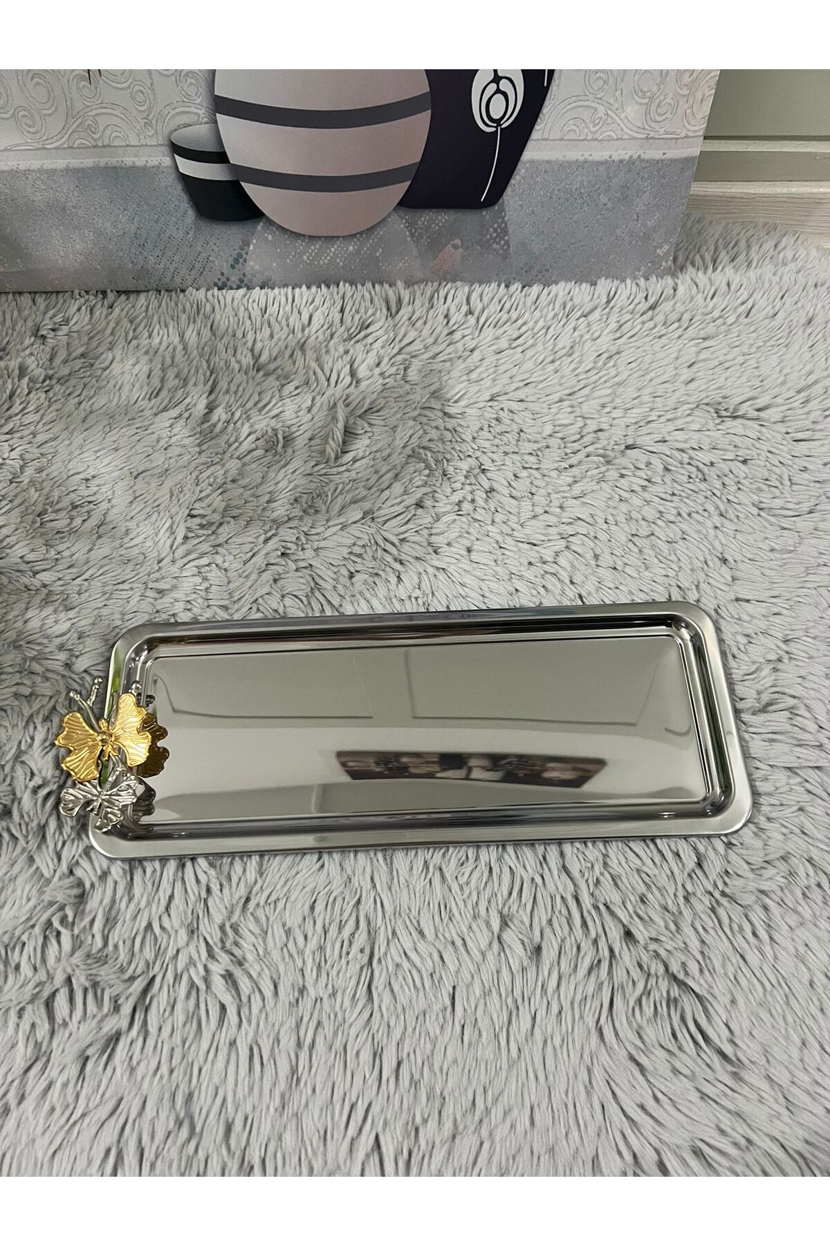 Paslanmaz Çelik Kelebekli Gold Kaplama Baton Servis ,Çay ,Kahve ,İkramlık Ve Sunum Tepsisi