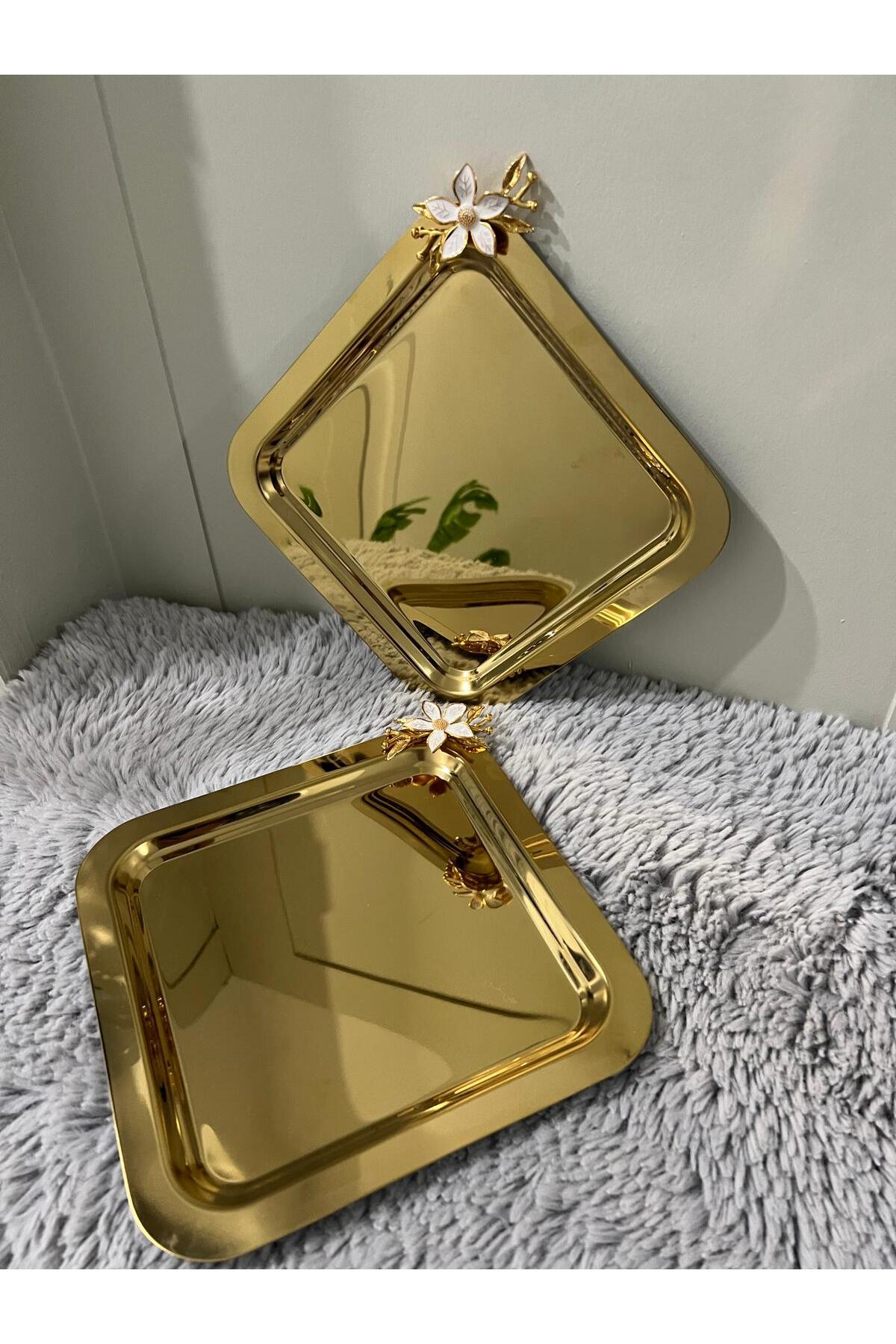 2'Li Paslanmaz Çelik Mini Papatya Aksesuarlı Kahve Sunum & Servis & İkramlık Tepsisi