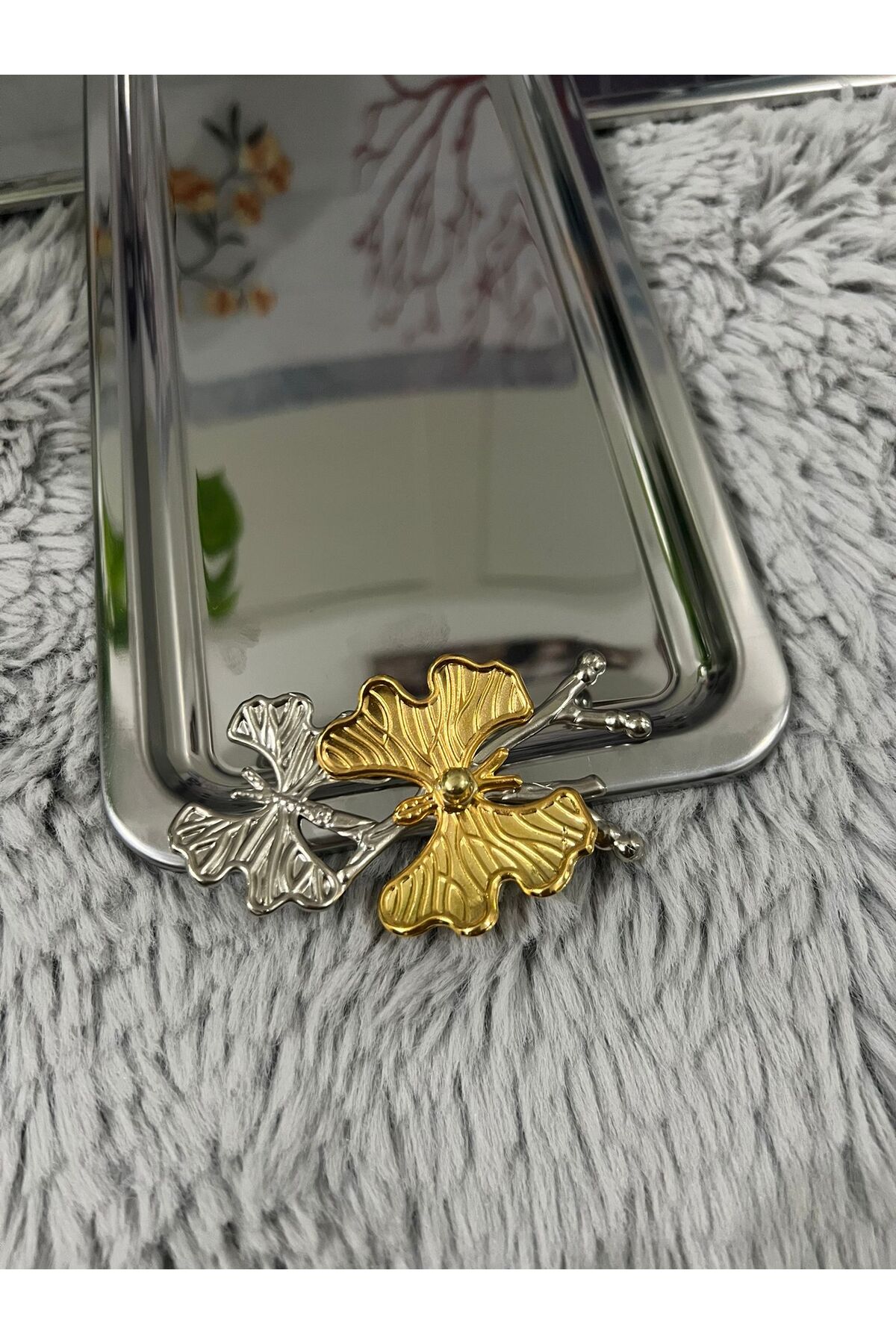 Paslanmaz Çelik Kelebekli Gold Kaplama Baton Servis ,Çay ,Kahve ,İkramlık Ve Sunum Tepsisi