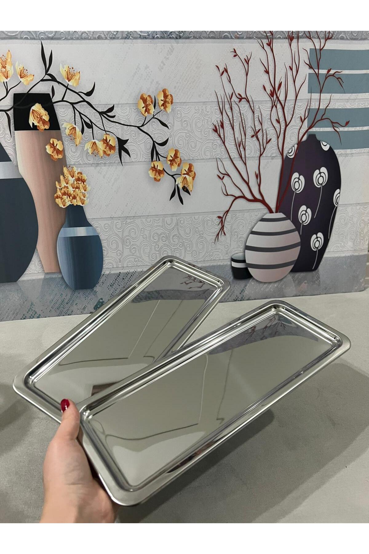 2'Li Lüx Paslanmaz Çelik Baton Servis ,Çay ,Kahve ,İkramlık Ve Sunum Tepsisi