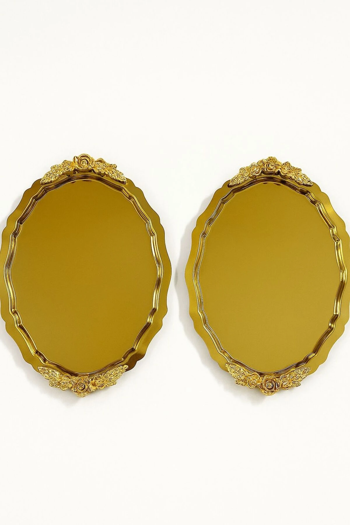 2'Li Gold Renk Çiçek Aksesuarlı Modern Sunum Tepsisi