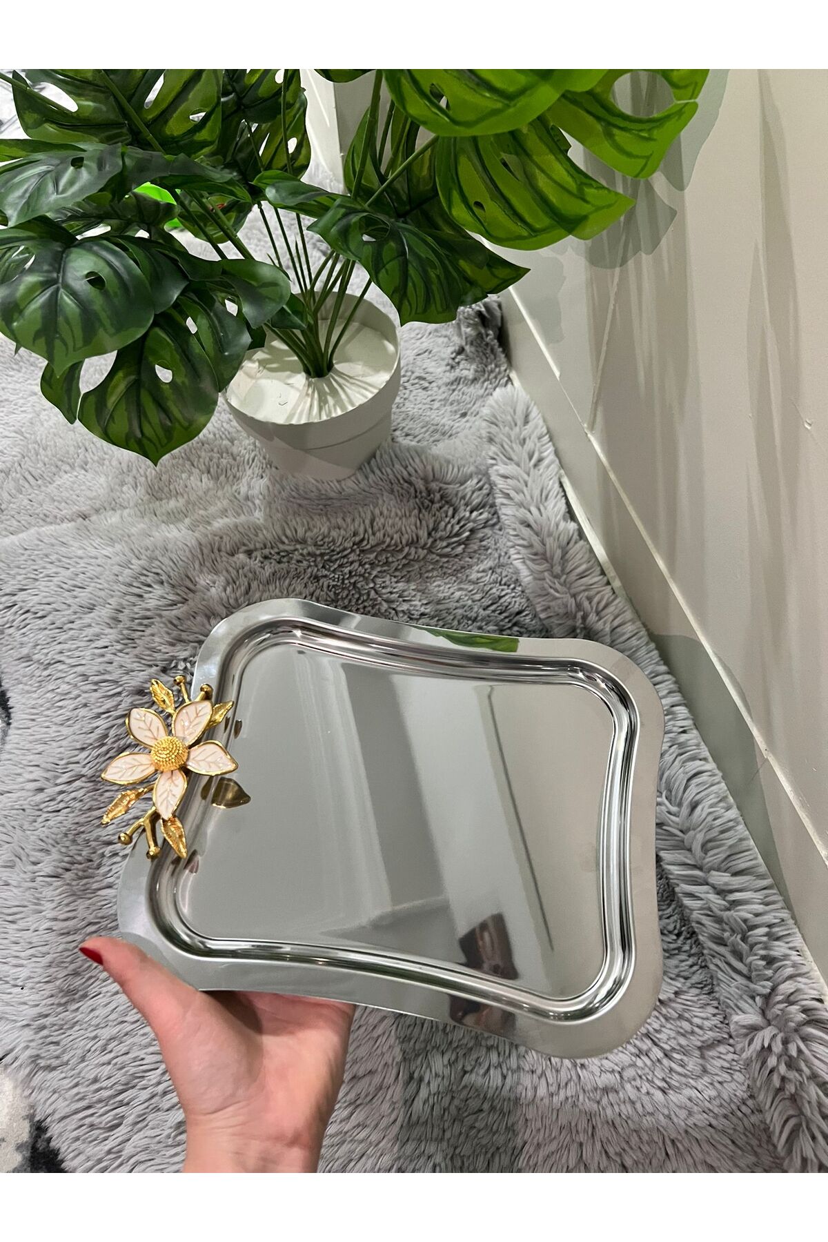 2'Li Paslanmaz Çelik Papatya Aksesuarlı İtalyan Büyük Dalgalı Servis Tepsisi