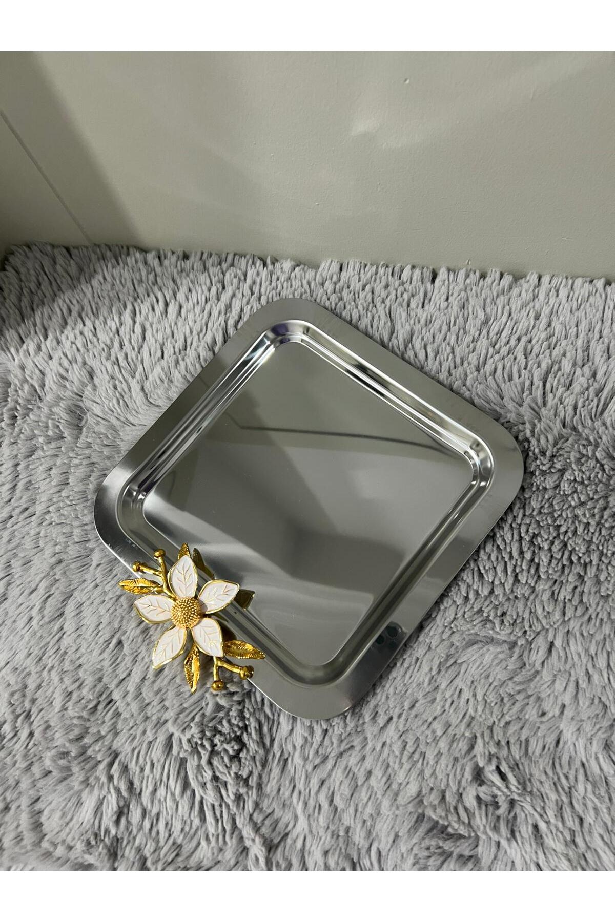 Paslanmaz Çelik Papatya Aksesuarlı Kahve Sunum & Servis & İkramlık Tepsisi