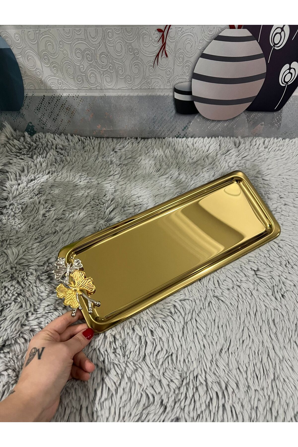 2'Li Lüx Paslanmaz Çelik Kelebekli Gold Kaplama Baton Servis ,Çay ,Kahve ,İkramlık Ve Sunum Tepsisi