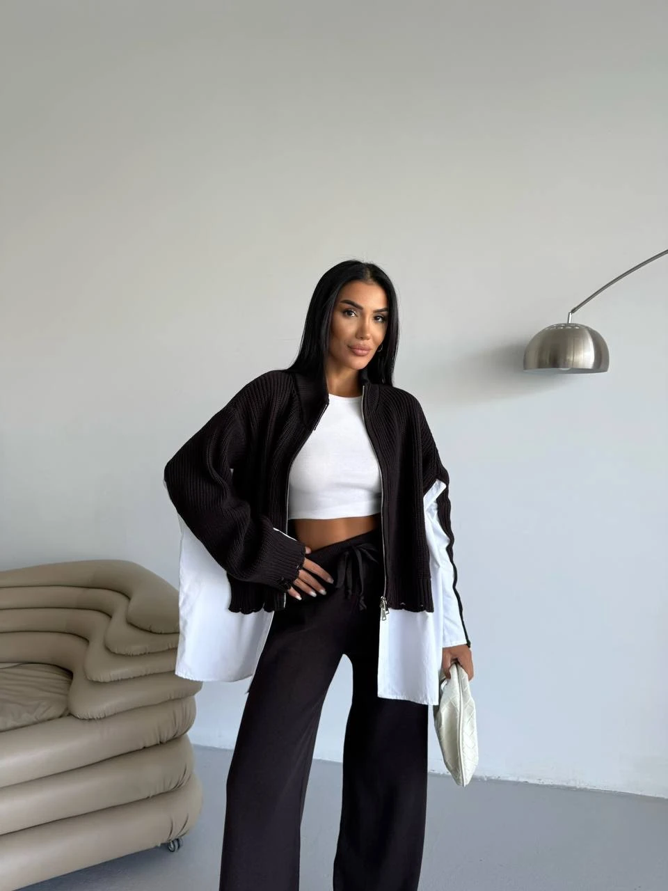 Triko İkili Takım Gömlek Detaylı Siyah