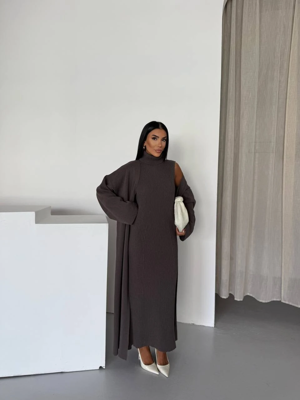 Triko İkili Takım Elbise ve Uzun Hırka Acı Kahve