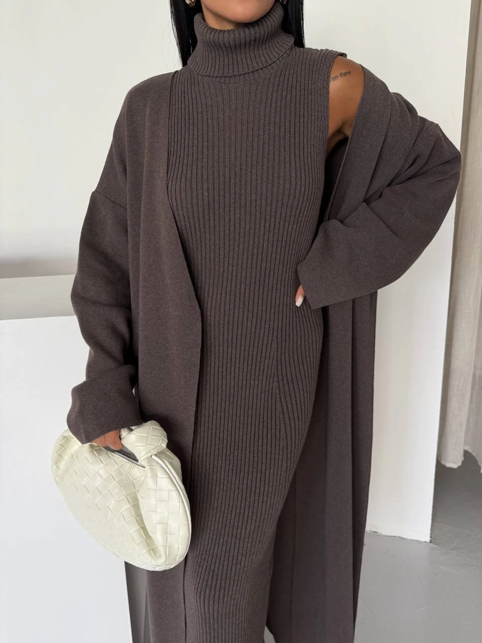 Triko İkili Takım Elbise ve Uzun Hırka Acı Kahve