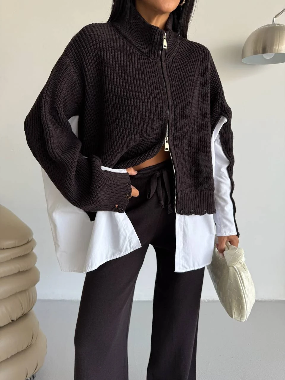 Triko İkili Takım Gömlek Detaylı Siyah