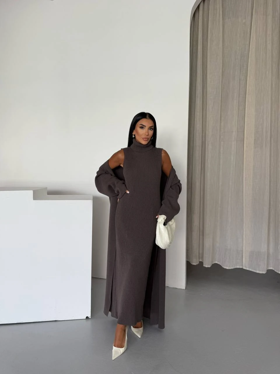 Triko İkili Takım Elbise ve Uzun Hırka Acı Kahve