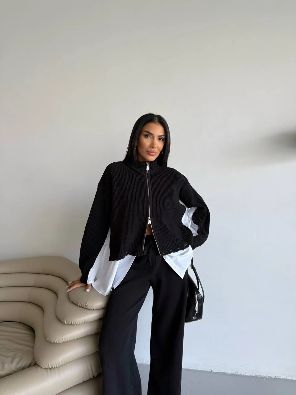 Triko İkili Takım Gömlek Detaylı Siyah