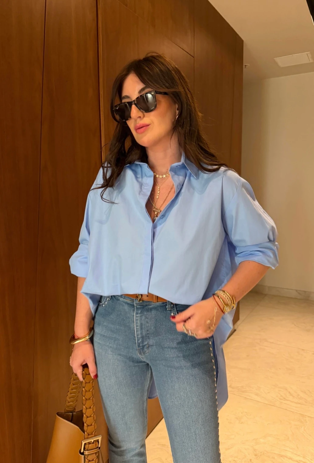 Poplin Tasarım Gömlek Mavi