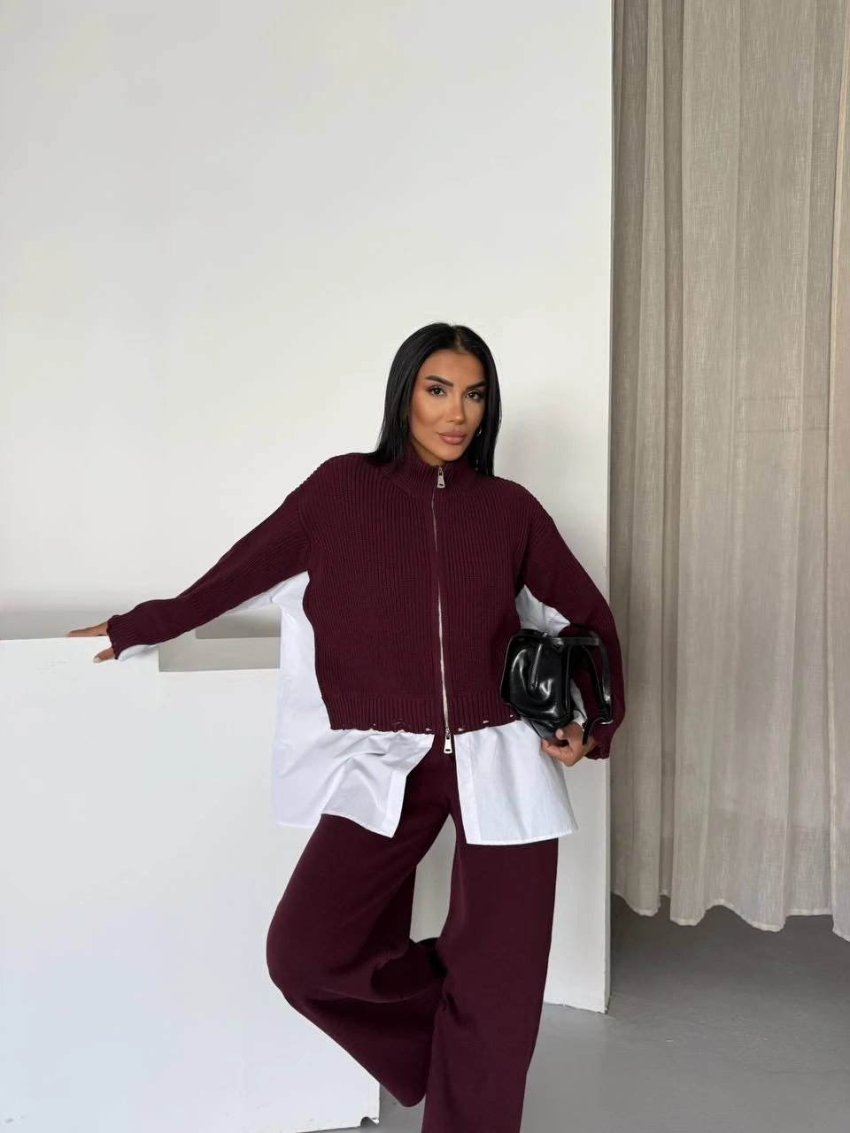 Triko İkili Takım Gömlek Detaylı Bordo