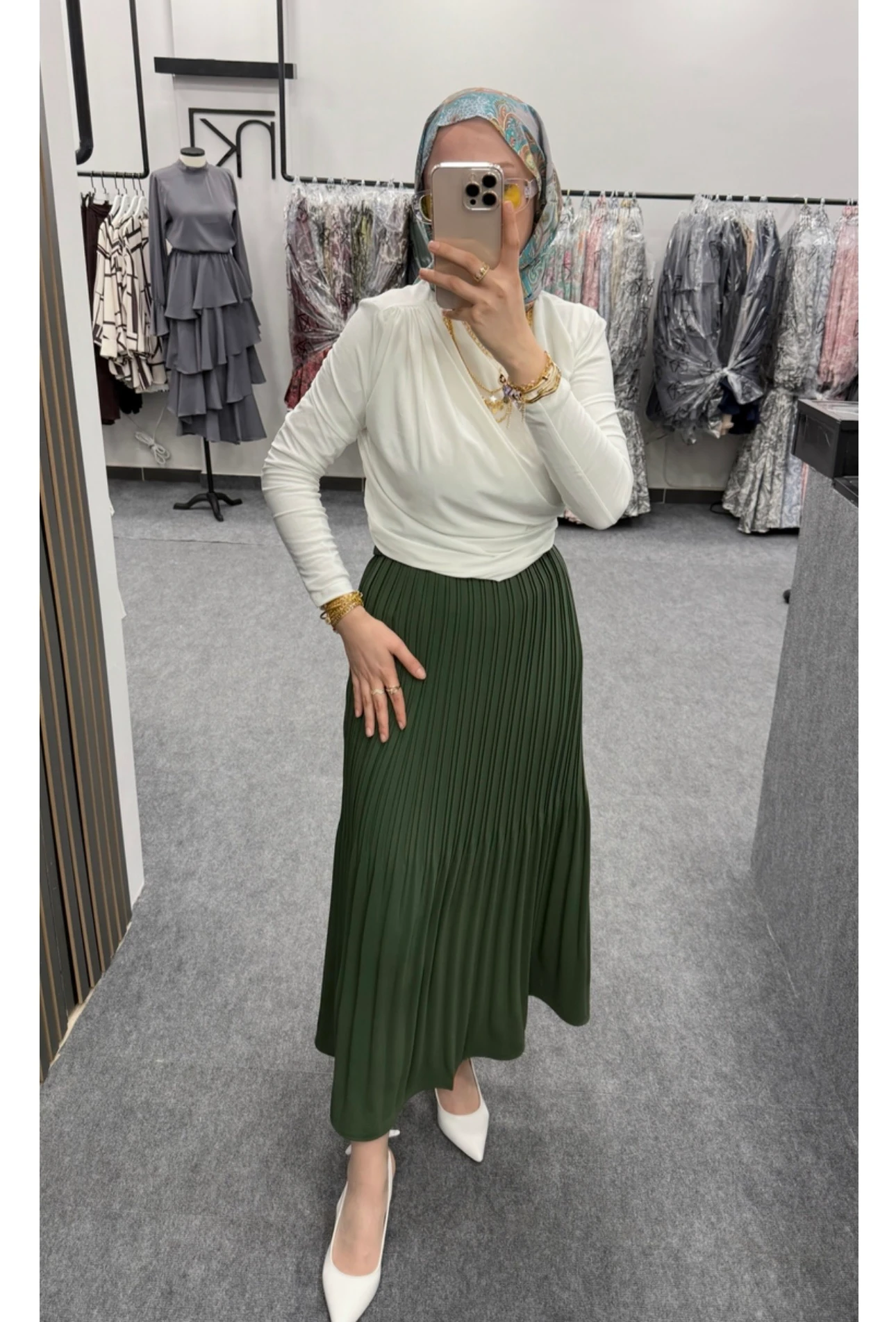 Nk pliseli ithal krep etek yeşil