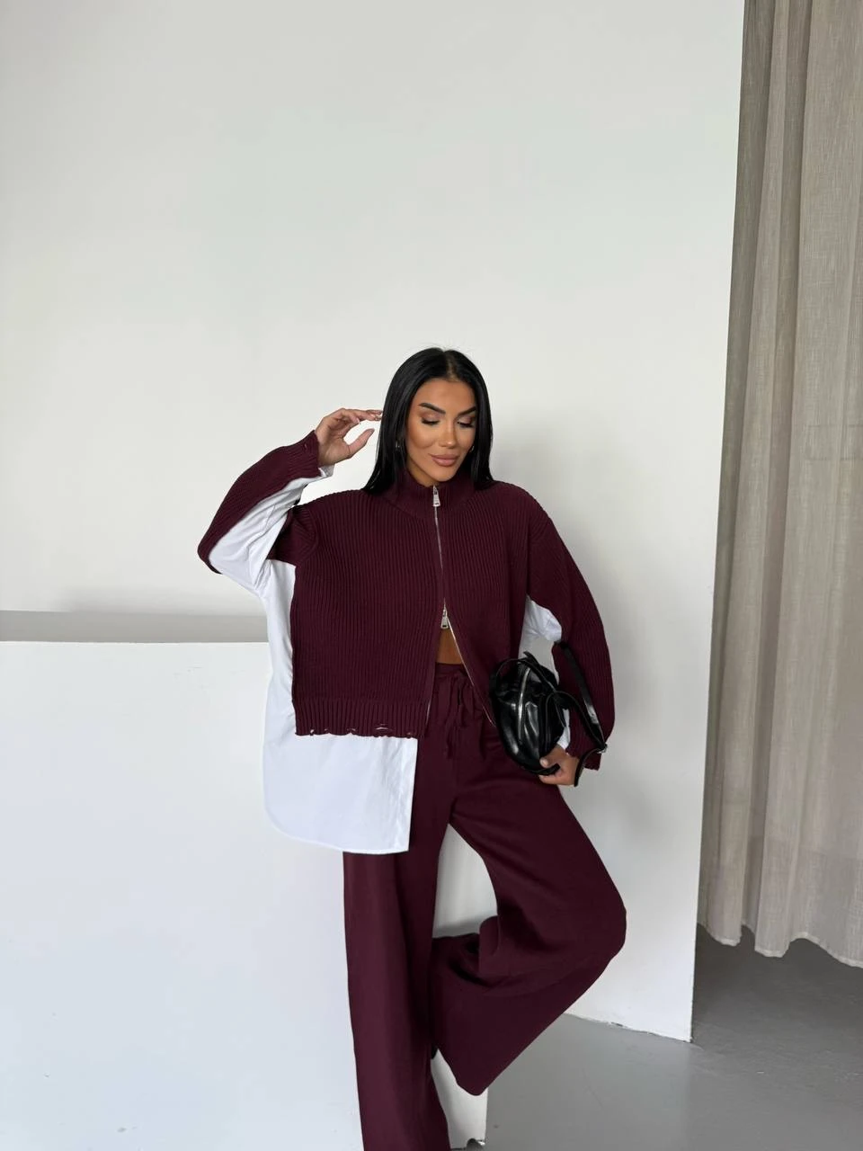 Triko İkili Takım Gömlek Detaylı Bordo