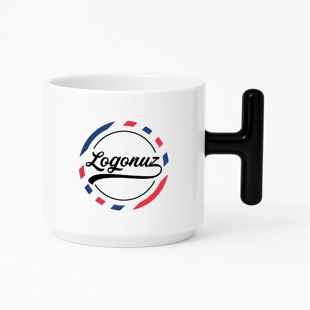 Logo Baskılı Kahve Fincanı T Kulp Siyah Detaylı