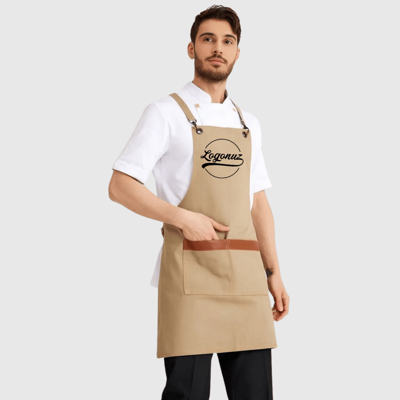 Logo Baskılı Önlük Denim Kumaş Bej