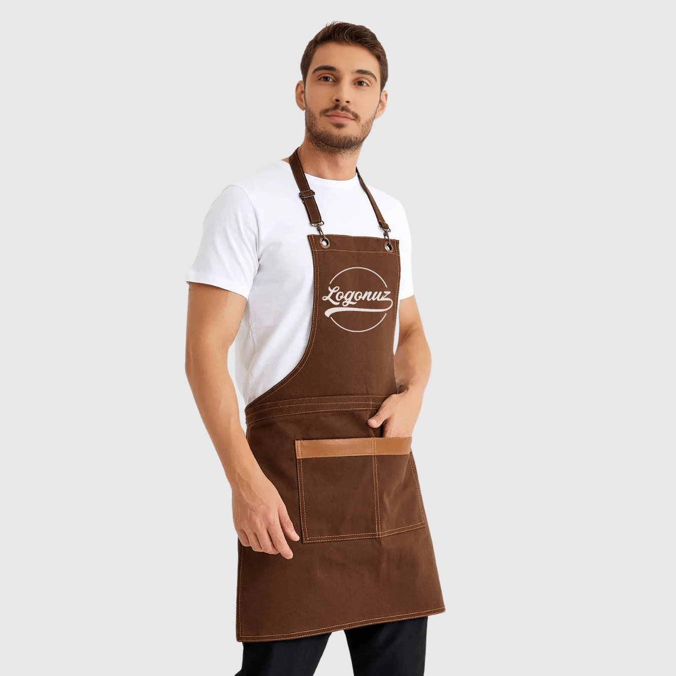Logo Baskılı Önlük Denim Kumaş Kahverengi