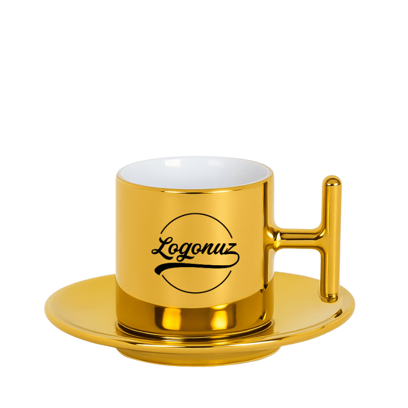 Logo Baskılı Türk Kahvesi Fincanı Gold Renk 6'lı Set