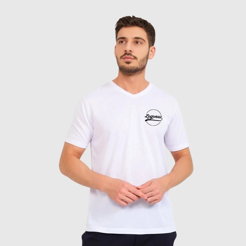 Logo Baskılı T shirt V Yaka Beyaz