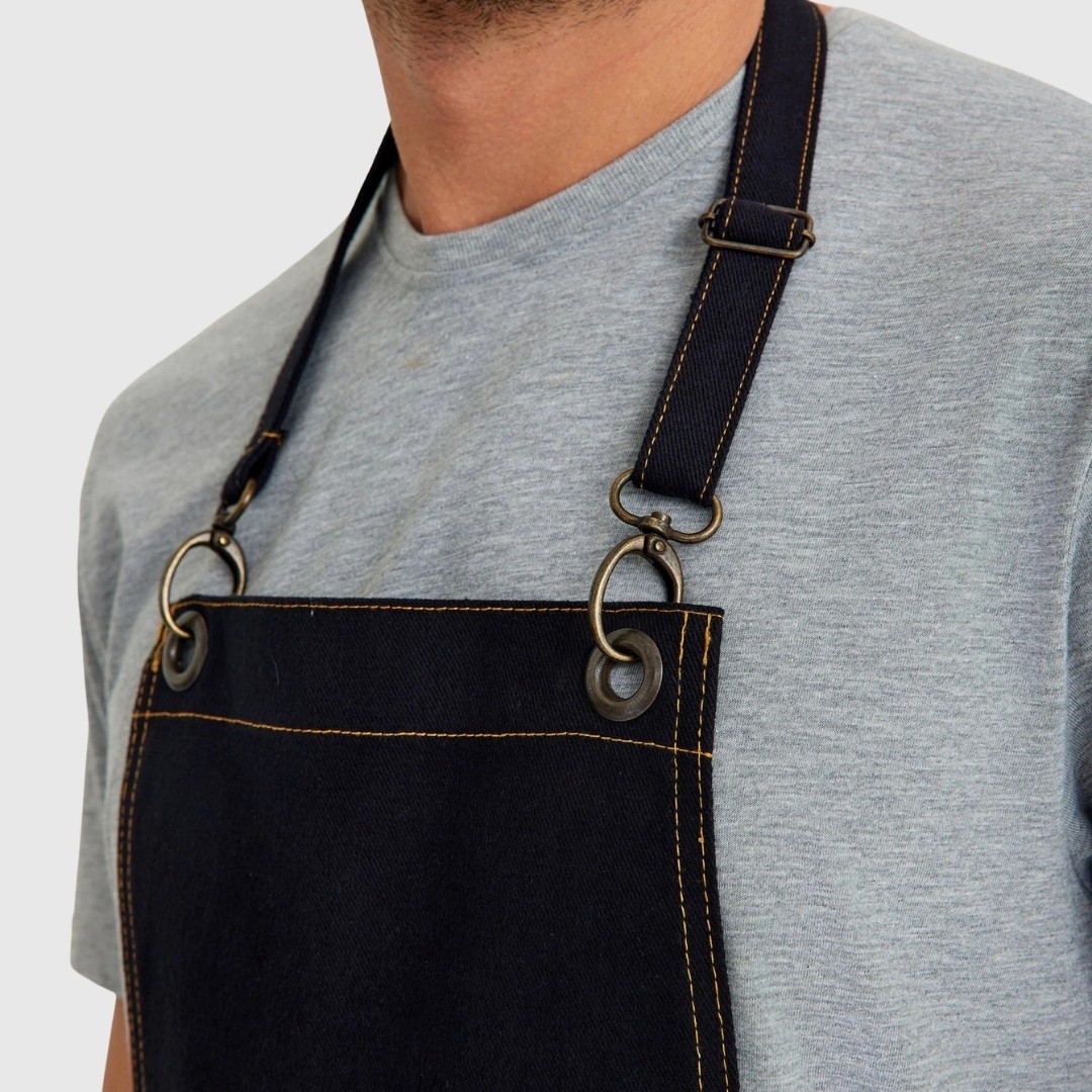 Logo Baskılı Önlük Denim Kumaş Siyah