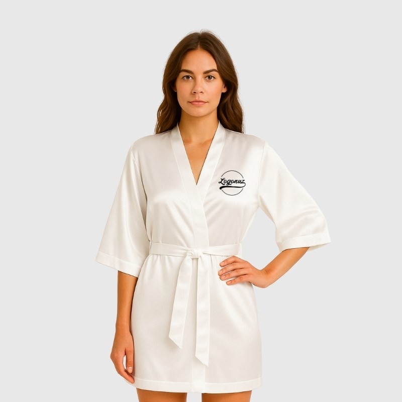 Baskılı Kimono Sabahlık Saten Beyaz