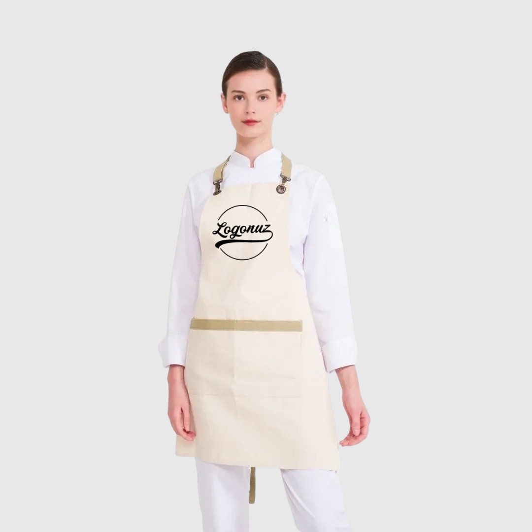 Logo Baskılı Önlük Gabardin Kumaş Krem