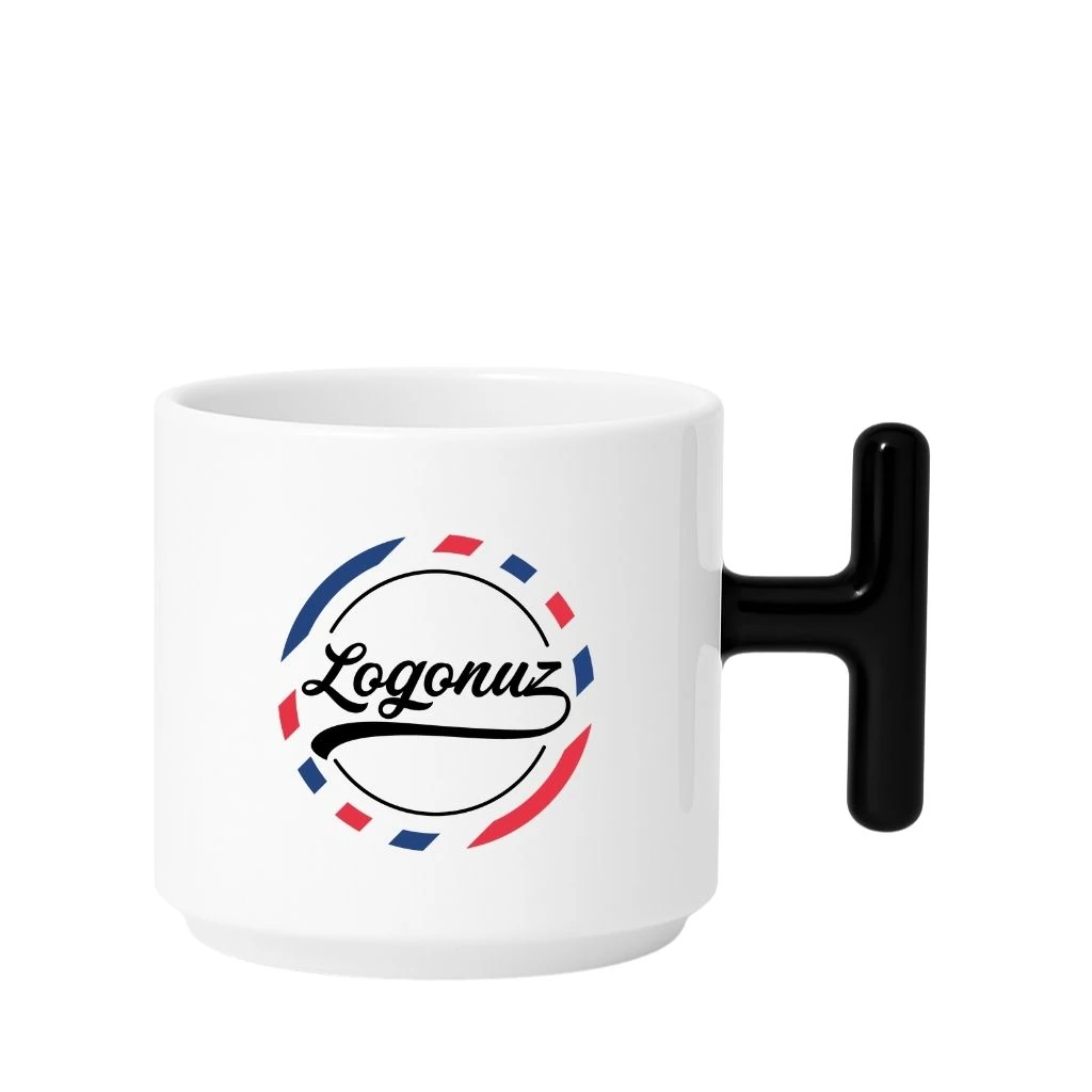 Logo Baskılı Kahve Fincanı T Kulp Siyah Detaylı