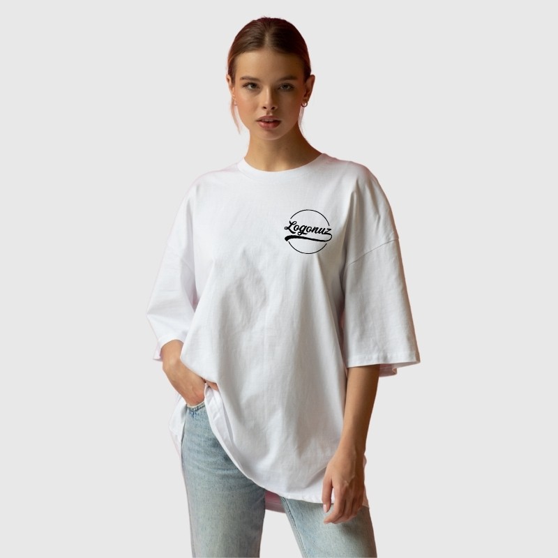 Logo Baskılı Over Size T shirt Beyaz