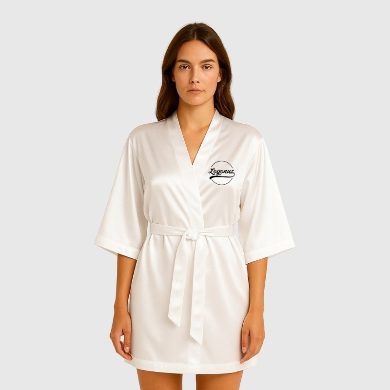 Baskılı Kimono Sabahlık Saten Beyaz