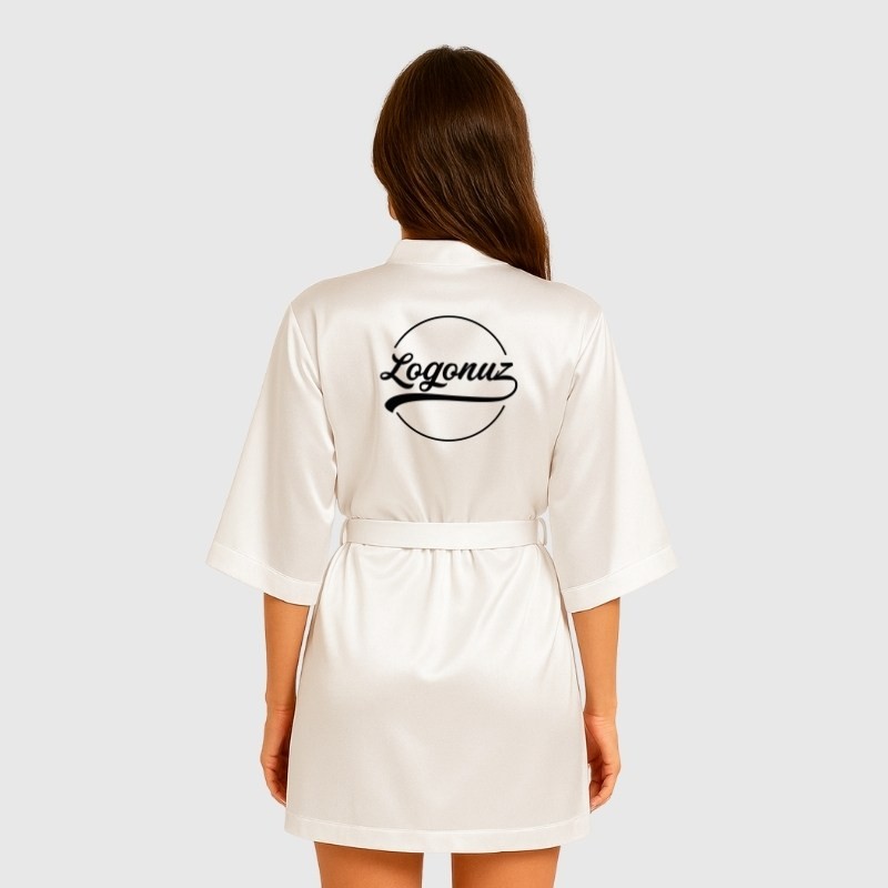 Baskılı Kimono Sabahlık Saten Beyaz
