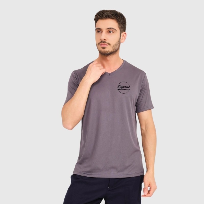 Boya Tutmayan T shirt V Yaka Gri