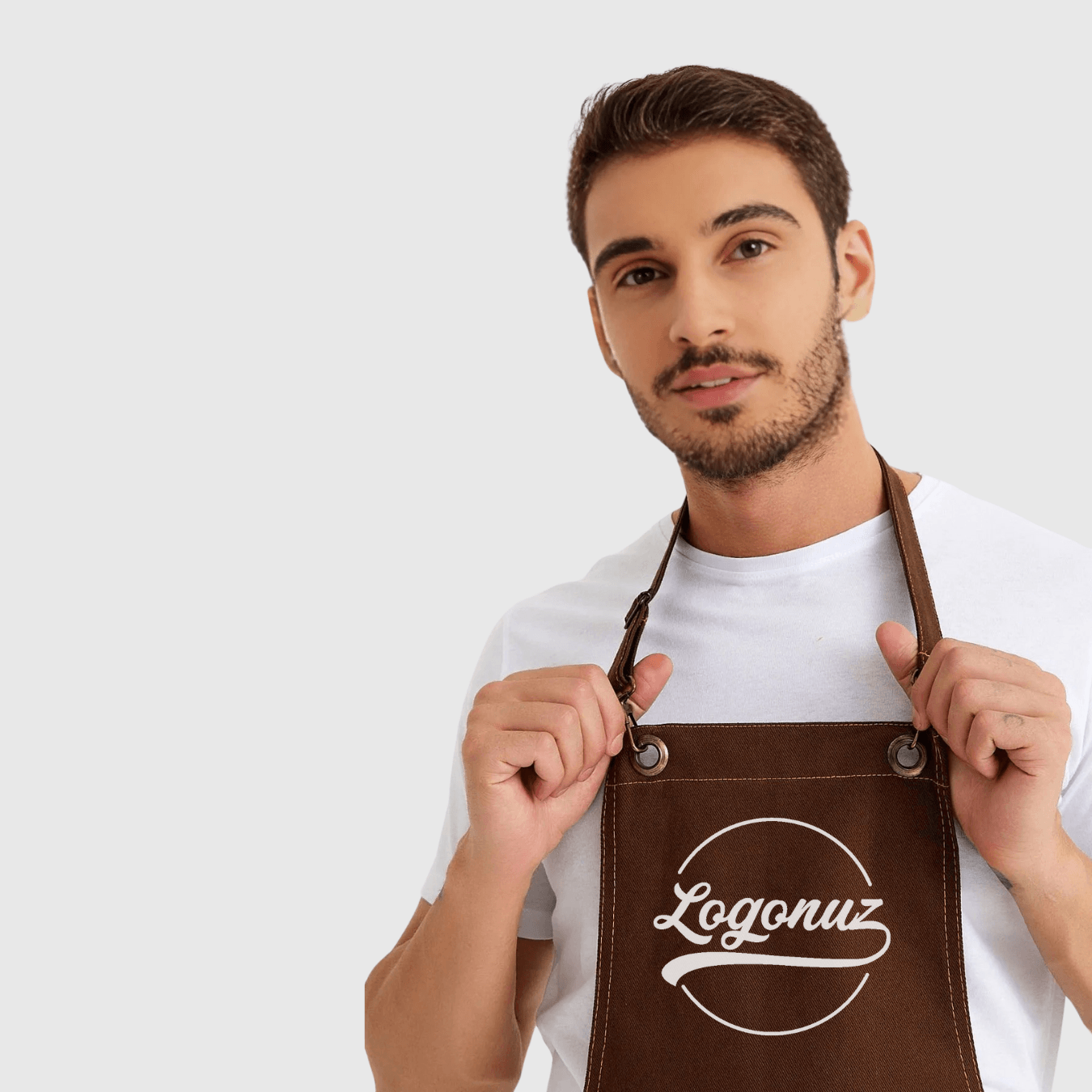Logo Baskılı Önlük Denim Kumaş Kahverengi
